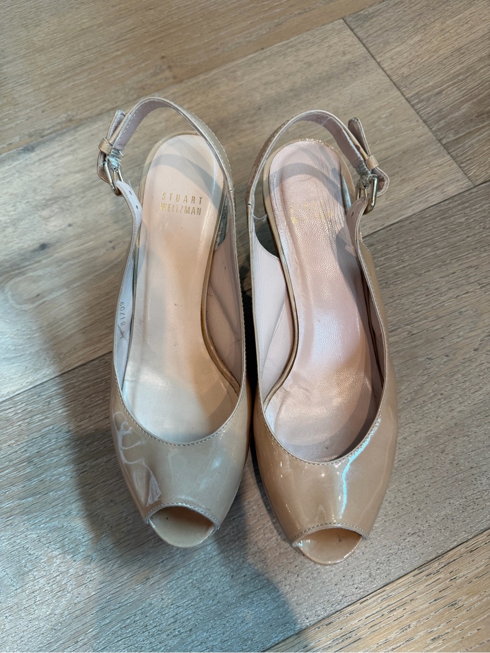 Stuart Weitzman Patent Peep-Toe Slingback Heels in Beige